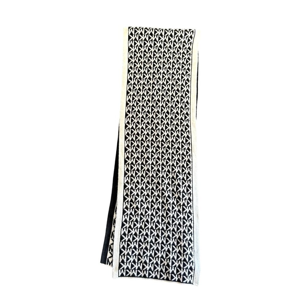 Michael Kors 100% Acrylic Mk Monogram Scarf Black White Jacquard Knit Wrap